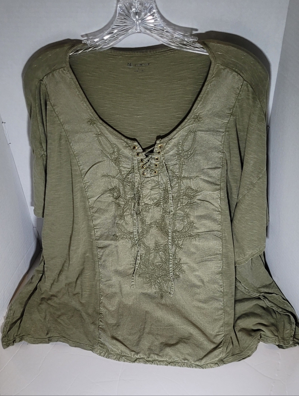 Women's Olive Lace-Up Embroidered Top Size Large